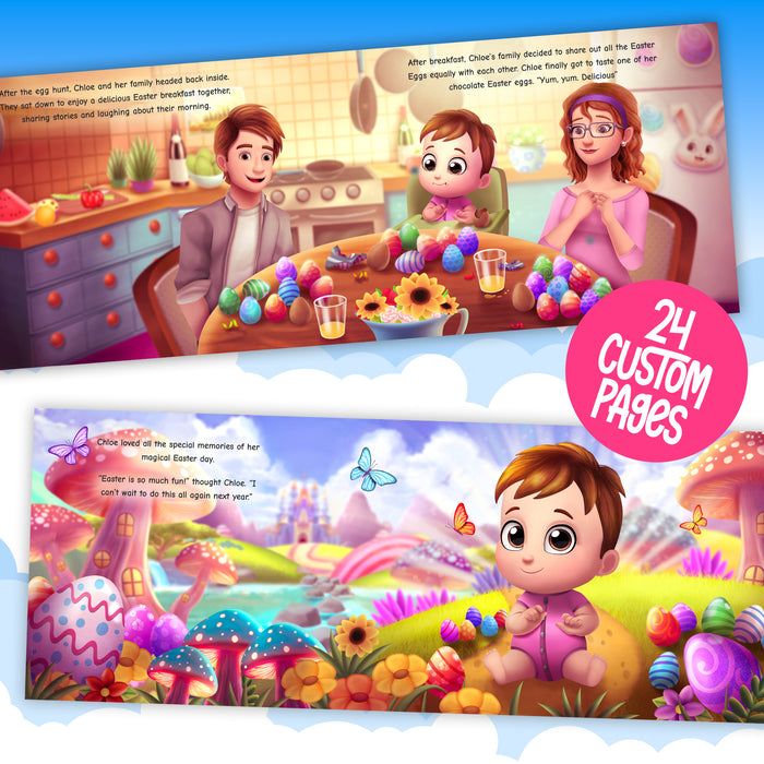 Internal pages showing family eating easter eggs with baby