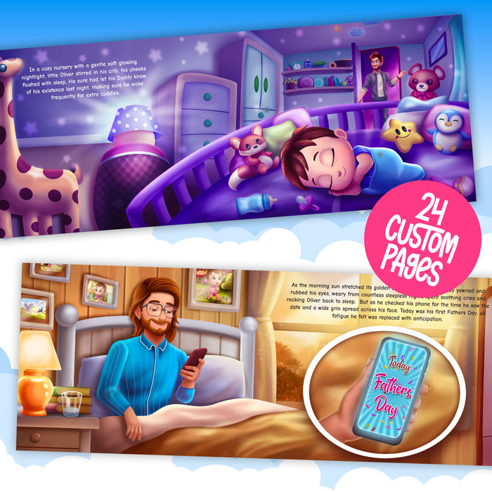 Internal page example of custom first Fathers day book baby in bed