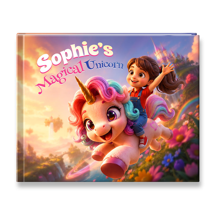 A hardcover children's book titled 'Sophie's Magical Unicorn' shown at a slight angle against a white background. The cover features a colorful, whimsical illustration of a young girl with brown hair riding a pastel pink unicorn with rainbow-colored mane and tail against a magical sunset sky.