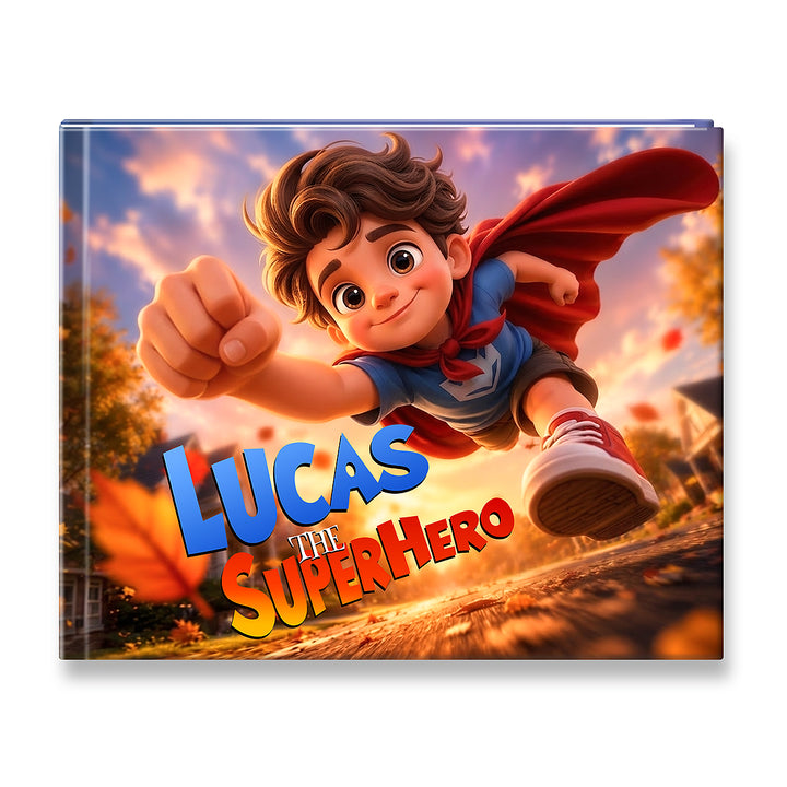 A square book or printed cover shown at a slight angle on a white background. The cover features a cartoon boy flying forward as a superhero with a red cape, blue shirt, and the title text 'LUCAS THE SUPERHERO' in large colorful letters.