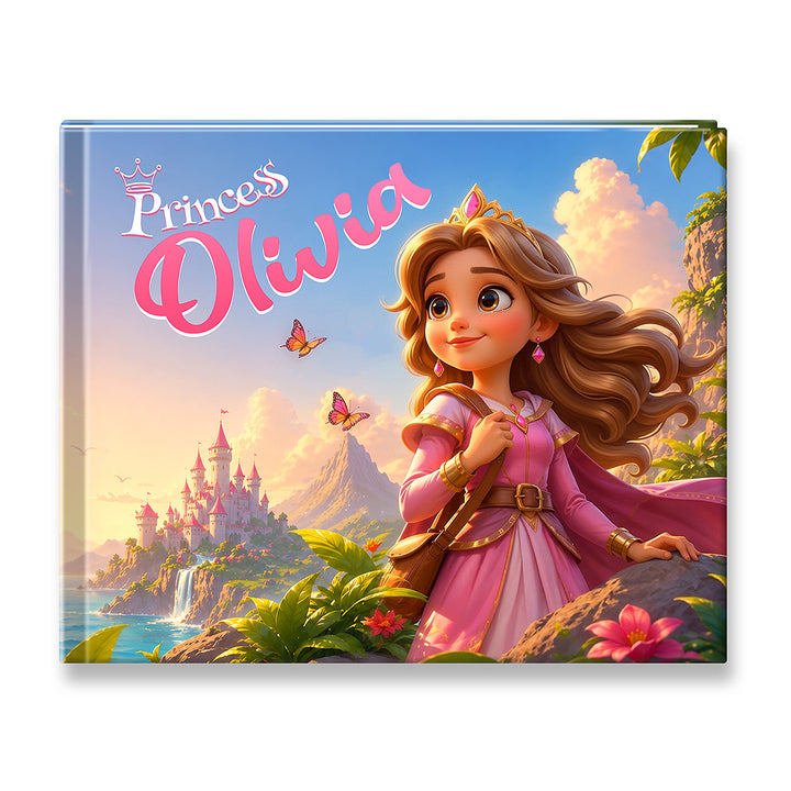 A hardcover children's book titled 'Princess Olivia' featuring a colorful fantasy illustration of a young princess in a pink gown with a castle and mountains in the background.