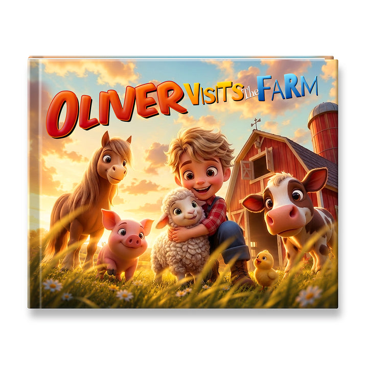 A children's book cover titled 'Oliver Visits the Farm' featuring a colorful 3D cartoon illustration of a boy hugging a sheep, surrounded by a horse, pig, cow, and duck on a farm at sunset.