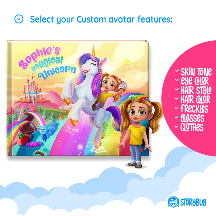 Magical Unicorn Custom Story Book inside book add your child to he story select name and colors