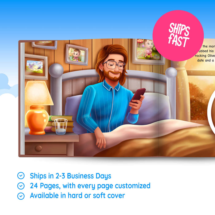 Internal page example of custom first Fathers day book dad in bed