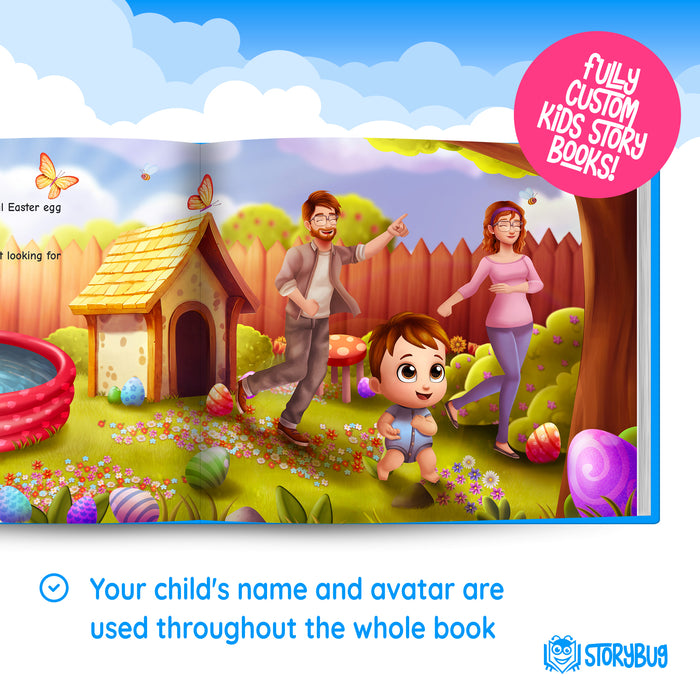 Internal book page with parents and baby first easter egg hunt