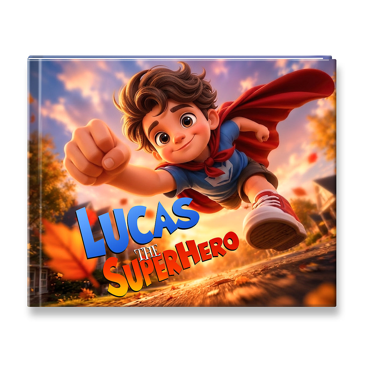 A square book or printed cover shown at a slight angle on a white background. The cover features a cartoon boy flying forward as a superhero with a red cape, blue shirt, and the title text 'LUCAS THE SUPERHERO' in large colorful letters.