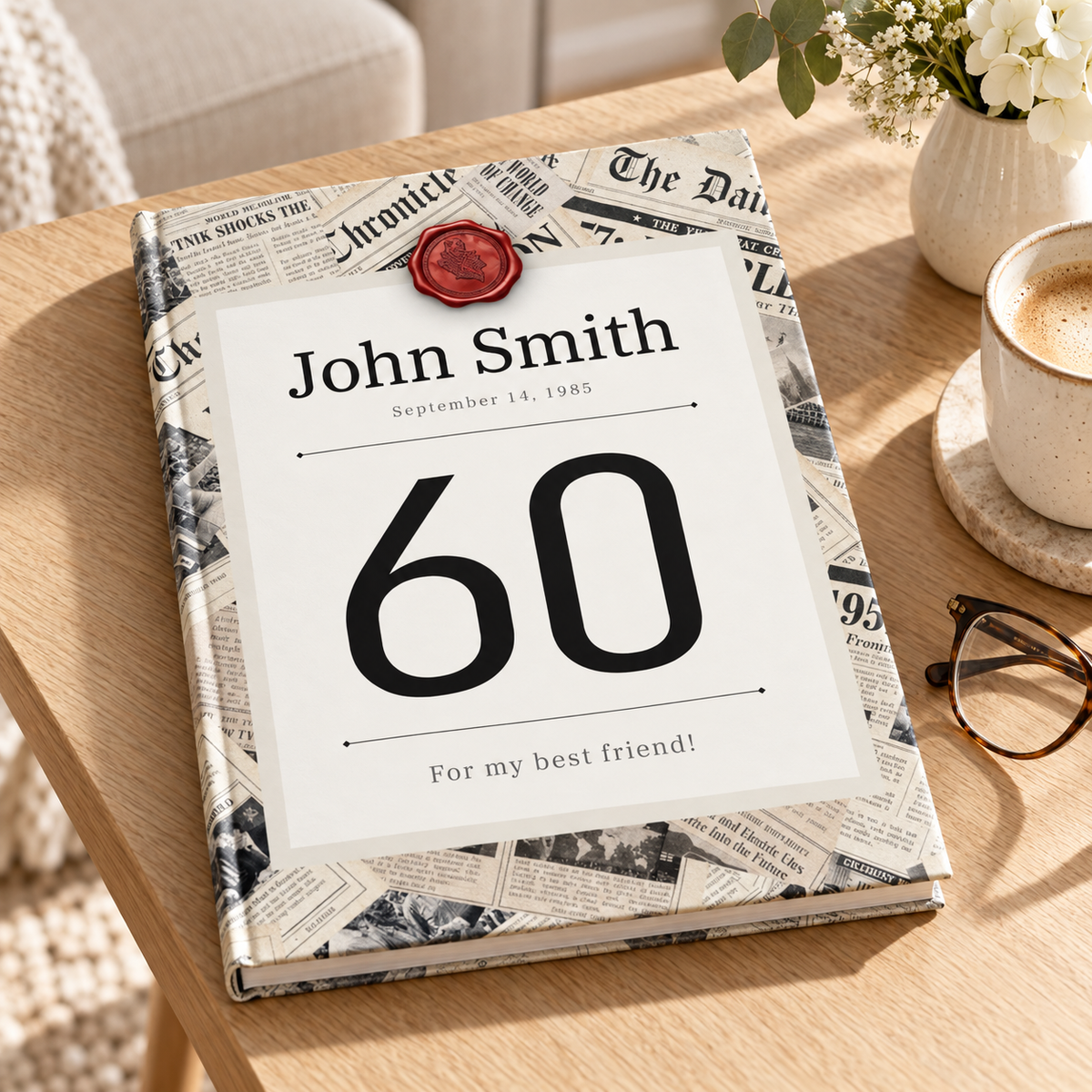 A hardcover book styled on a wooden table, featuring a newspaper-patterned cover