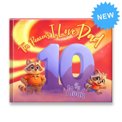 Children's book titled '10 Reasons I Love Dad' with cartoon raccoons on a colorful cover.