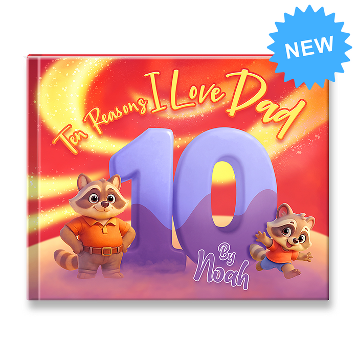Children's book titled '10 Reasons I Love Dad' with cartoon raccoons on a colorful cover.