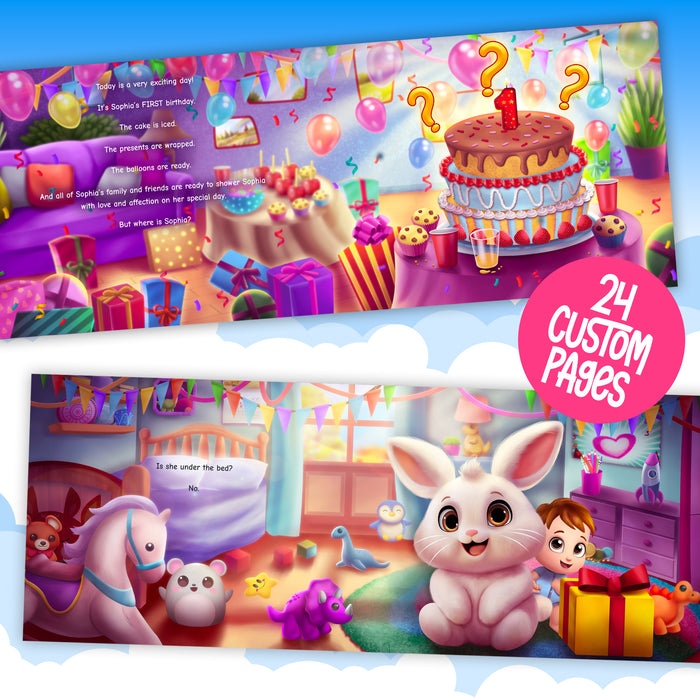 Personalized first birthday storybook example of inside page spread
