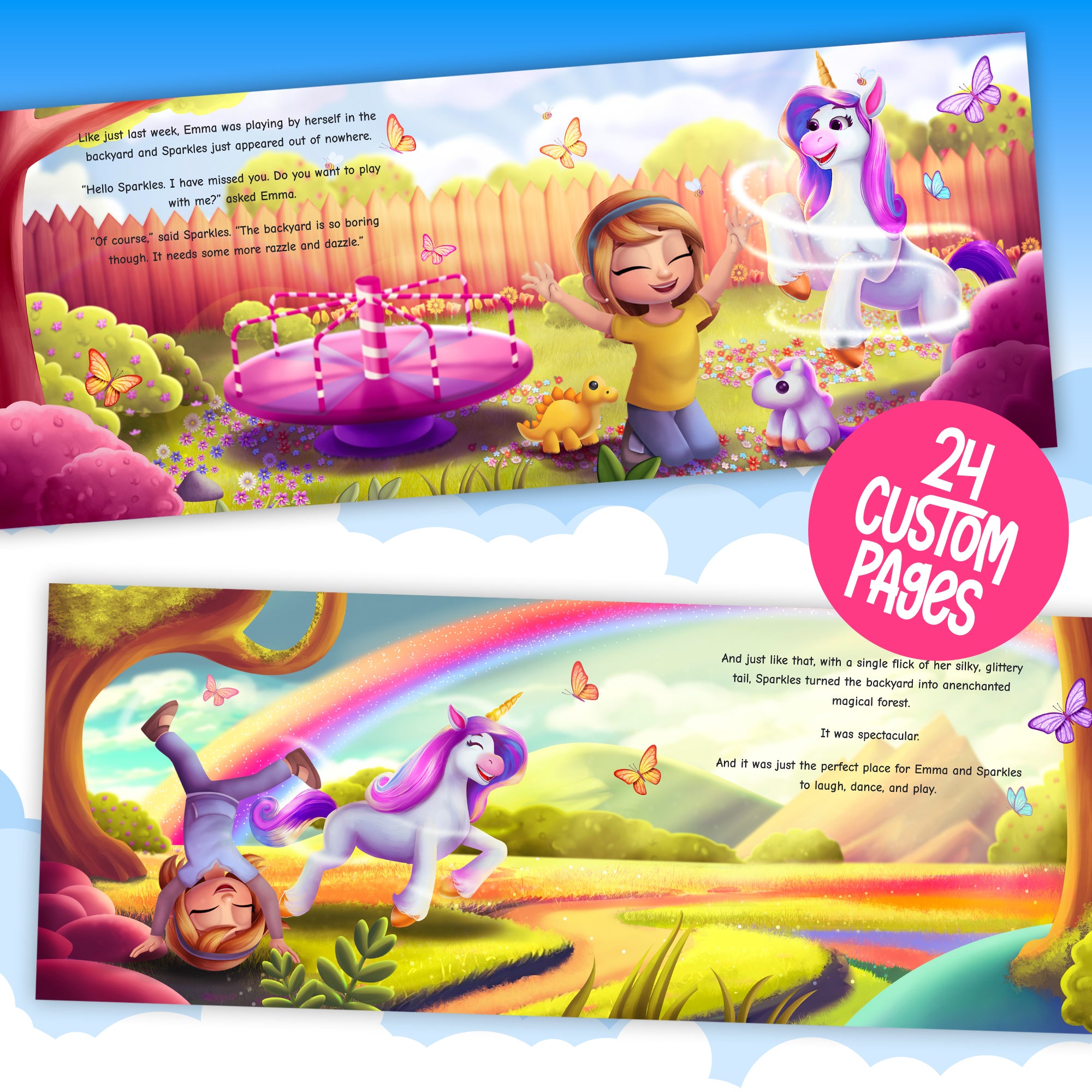 Magical Unicorn Custom Story Book inside book preview 2 page spreads of child and unicorn