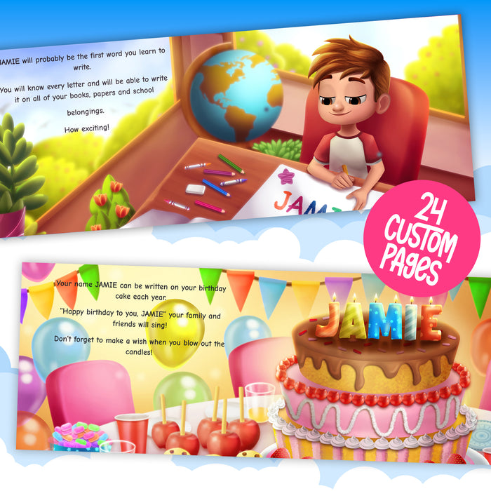 Special Name Personalized Story Book preview of inside pages showing child and birthday cake