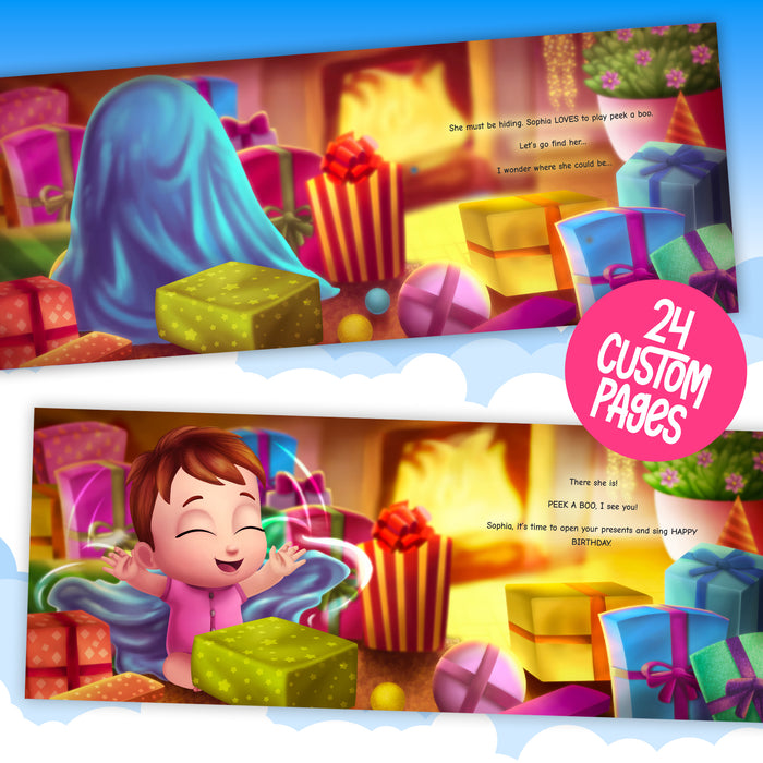 Personalized first birthday storybook preview of colorful custom pages