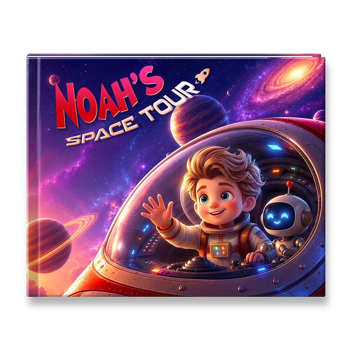 A square art print or book cover titled 'Noah's Space Tour' featuring a colorful cartoon illustration of a young boy in a spacesuit inside a spacecraft with a robot companion, set against a starry galaxy background.