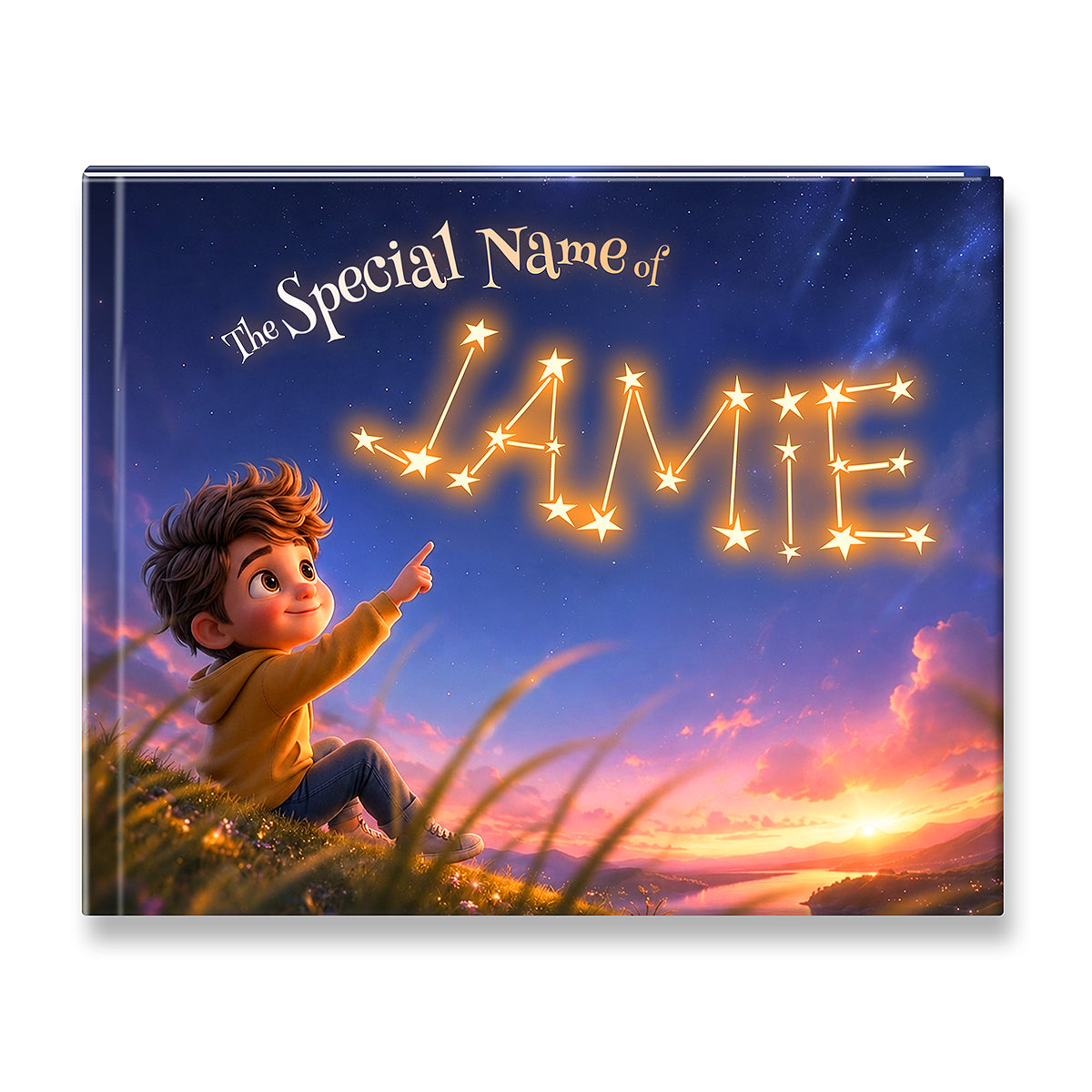 A hardcover personalized children's book with a colorful cover illustration showing a boy pointing at the name 'JAME' formed by glowing stars in a starry sky at sunset. The text reads 'The Special Name of JAME'.
