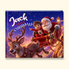 A personalized Christmas book or print featuring Santa Claus, a child, and reindeer against a starry night sky, with the text 'Jack Slayes Christmas' in large decorative lettering. The item is shown as a square product on a light beige background.