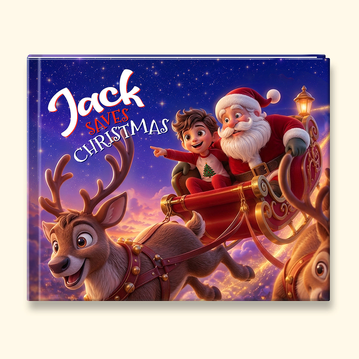 A personalized Christmas book or print featuring Santa Claus, a child, and reindeer against a starry night sky, with the text 'Jack Slayes Christmas' in large decorative lettering. The item is shown as a square product on a light beige background.