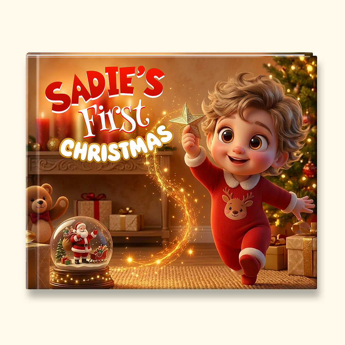 A square custom Christmas gift box or print cover featuring the text 'Sadie's First Christmas' over a festive illustrated scene. The design shows a smiling child in red pajamas holding a star, with a Christmas tree, fireplace, gifts, and a teddy bear in the background.