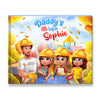 A personalized book cover featuring an illustration of a father and two children with 'Daddy's little helper' and the name 'Sophie'. They are all wearing construction hats and smiling.