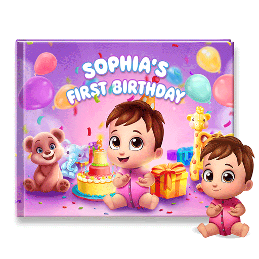 Personalized first birthday storybook cover gif showing custom name and cover color