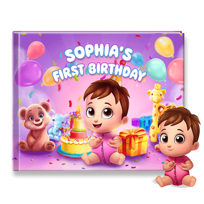 Personalized first birthday storybook cover gif showing custom name and cover color
