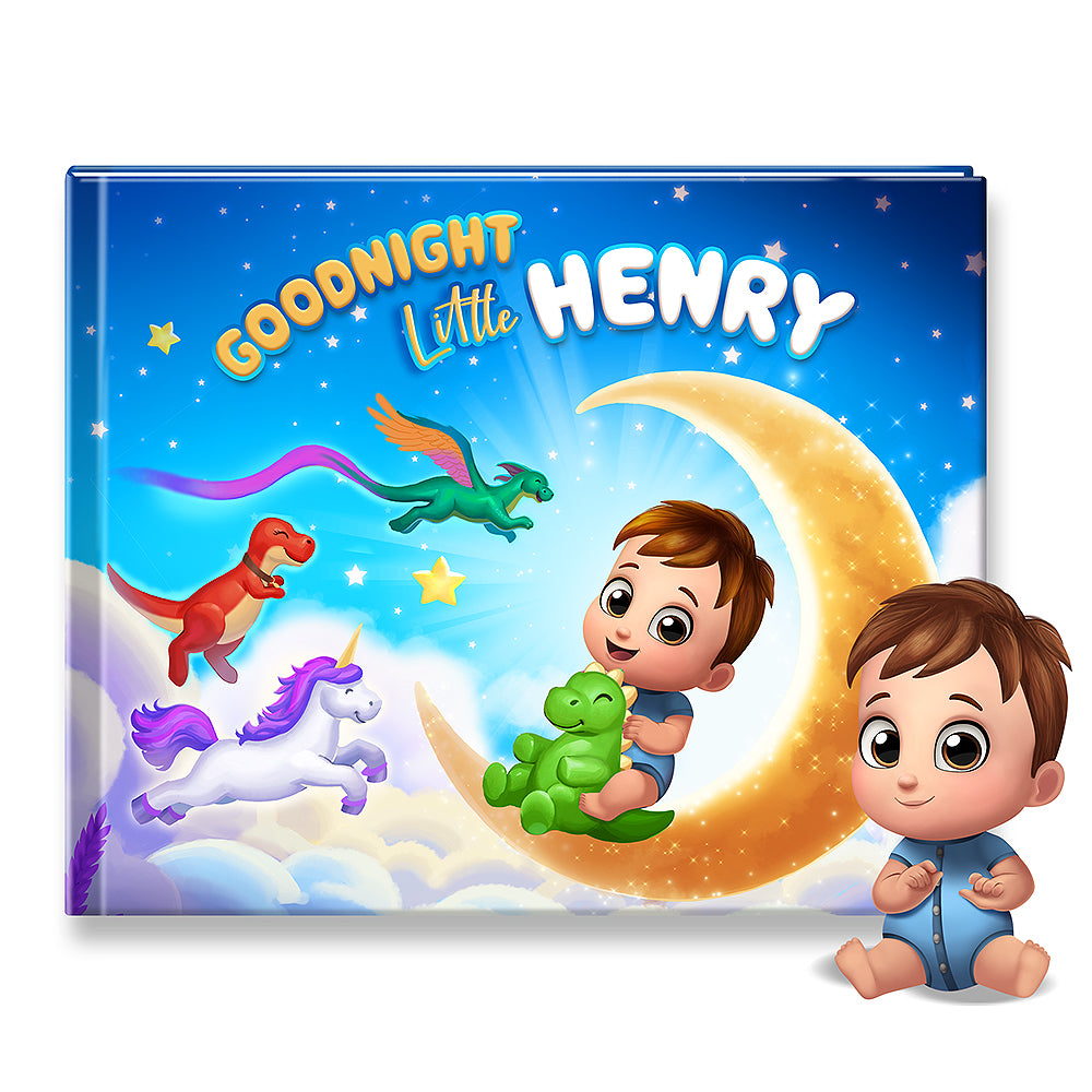Goodnight Little Henry personalized children’s storybook cover featuring a child sitting on a crescent moon with a dinosaur, unicorn and flying dragon in a magical night sky.