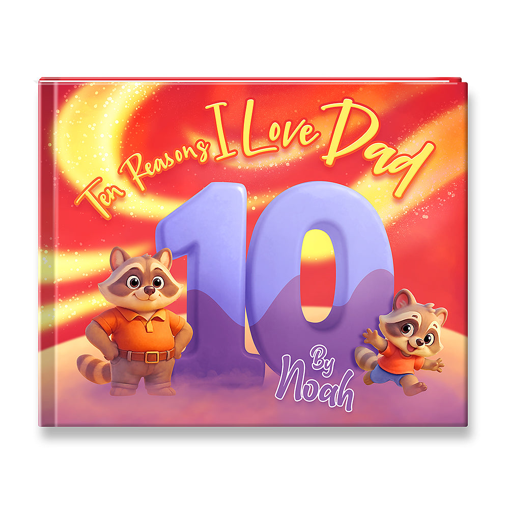 Children's book titled '10 Reasons I Love Dad' with cartoon raccoons on a red and orange background.
