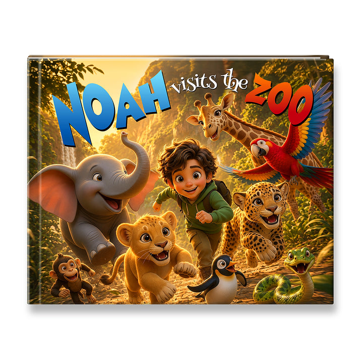 A children's book or art print cover titled 'NOAH visits the ZOO' featuring colorful cartoon animals including an elephant, lion cub, penguin, monkey, parrot, leopard, giraffe, and a boy in the center, shown on a white background with a drop shadow.