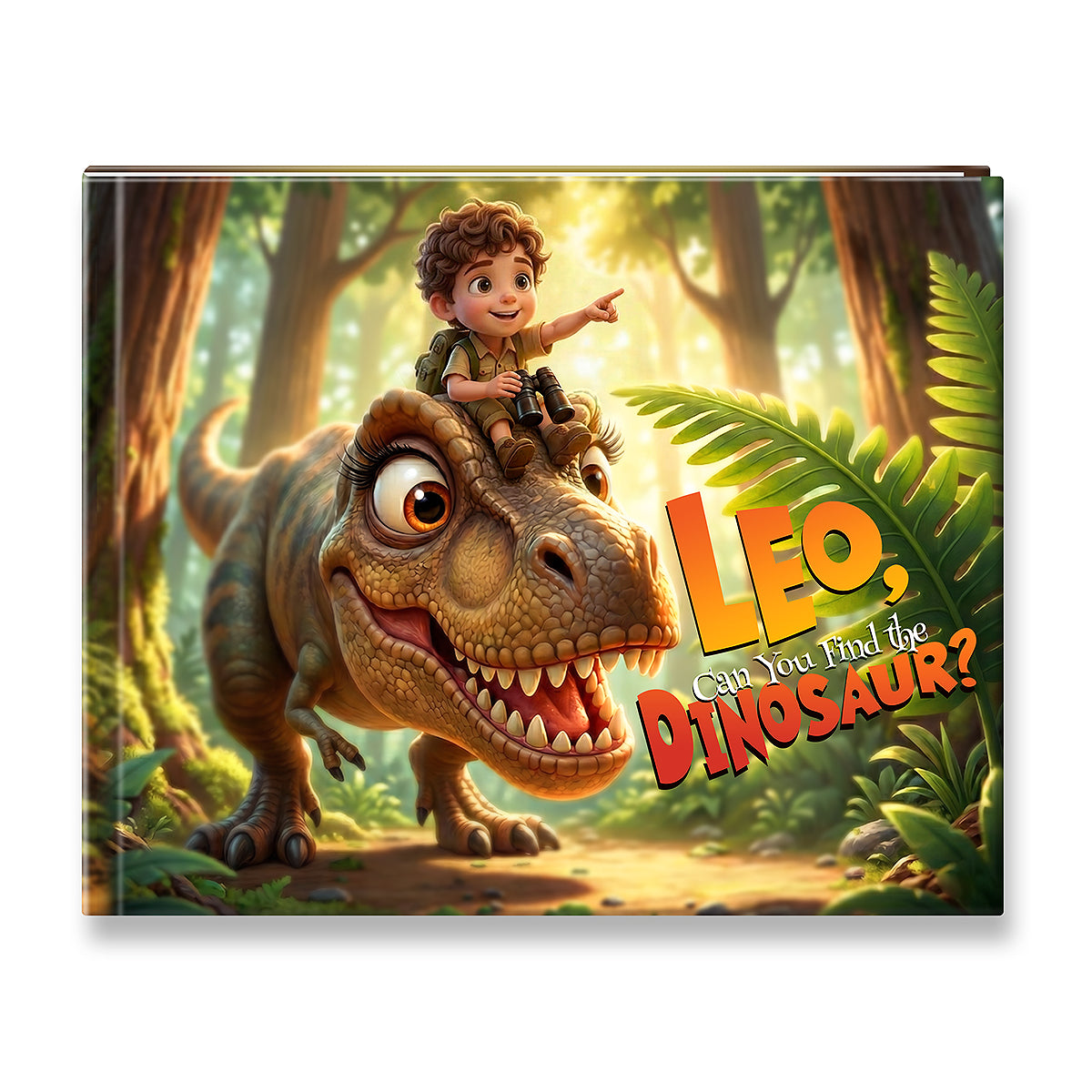 A children's book cover featuring an illustrated scene of a young boy riding a friendly dinosaur in a sunlit jungle. The title text reads 'Leo, Can You Find the Dinosaur?' in large colorful letters.