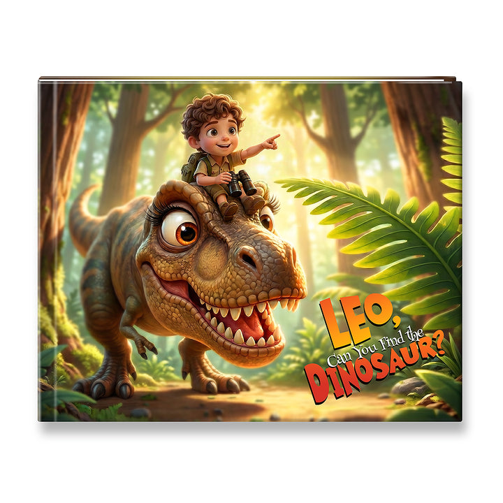 A children's book cover featuring a cartoon dinosaur with a child riding on its head in a sunlit jungle scene. The title text reads 'LEO, Can You Find the DINOSAUR?' in large orange and red lettering.