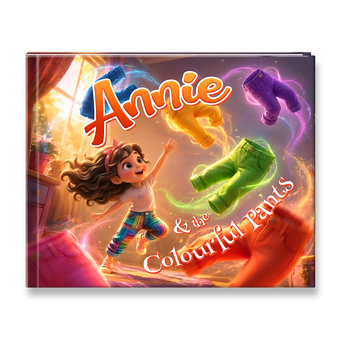 A children's book cover titled 'Annie & the Colourful Clothes' featuring a colorful illustration of a girl surrounded by floating rainbow-colored pants, shown on a white background with a soft drop shadow.
