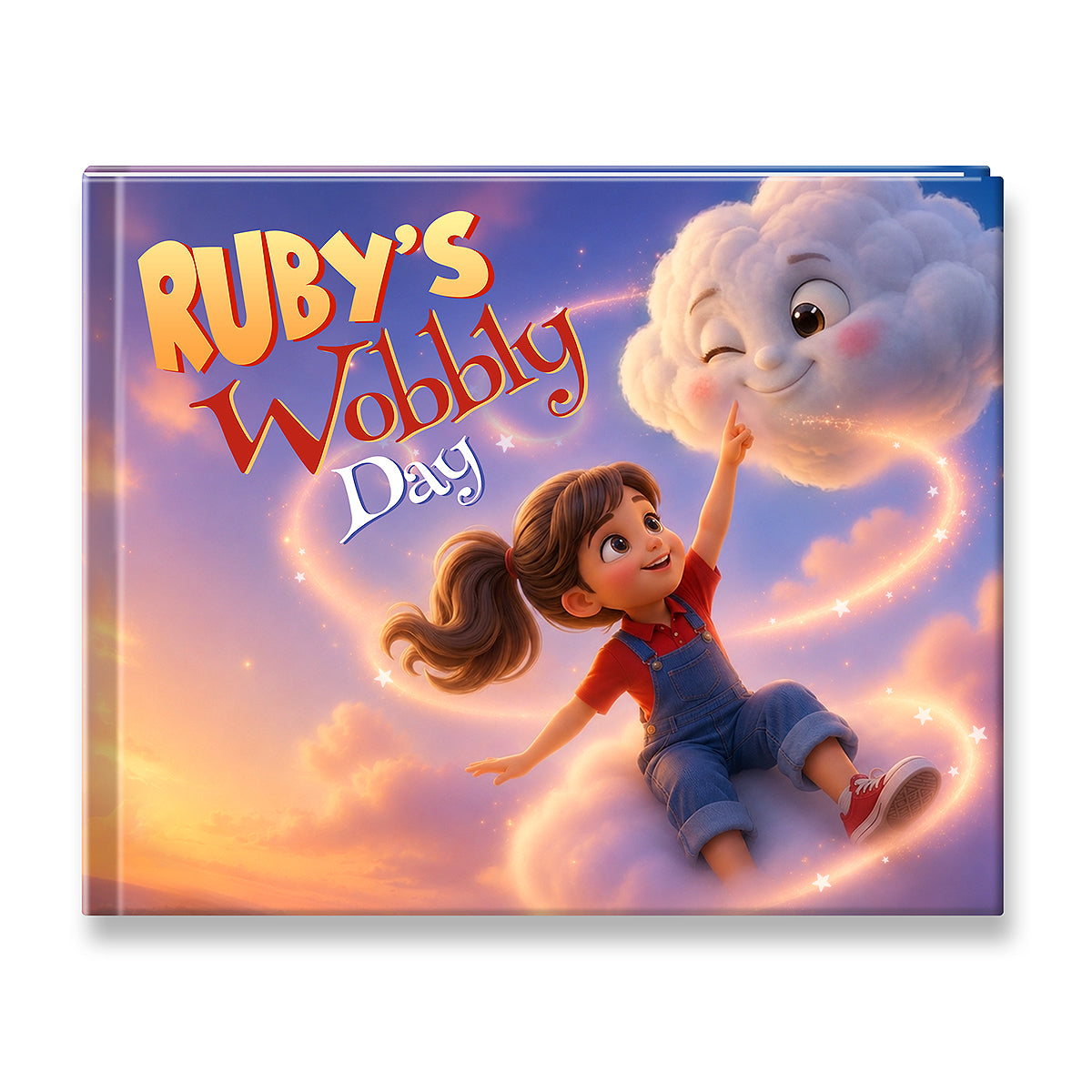 A hardcover children's book titled 'Ruby's Wobbly Day' featuring a colorful illustration of a young girl in blue overalls and a red shirt reaching up to a smiling winking cloud against a pastel sky background.