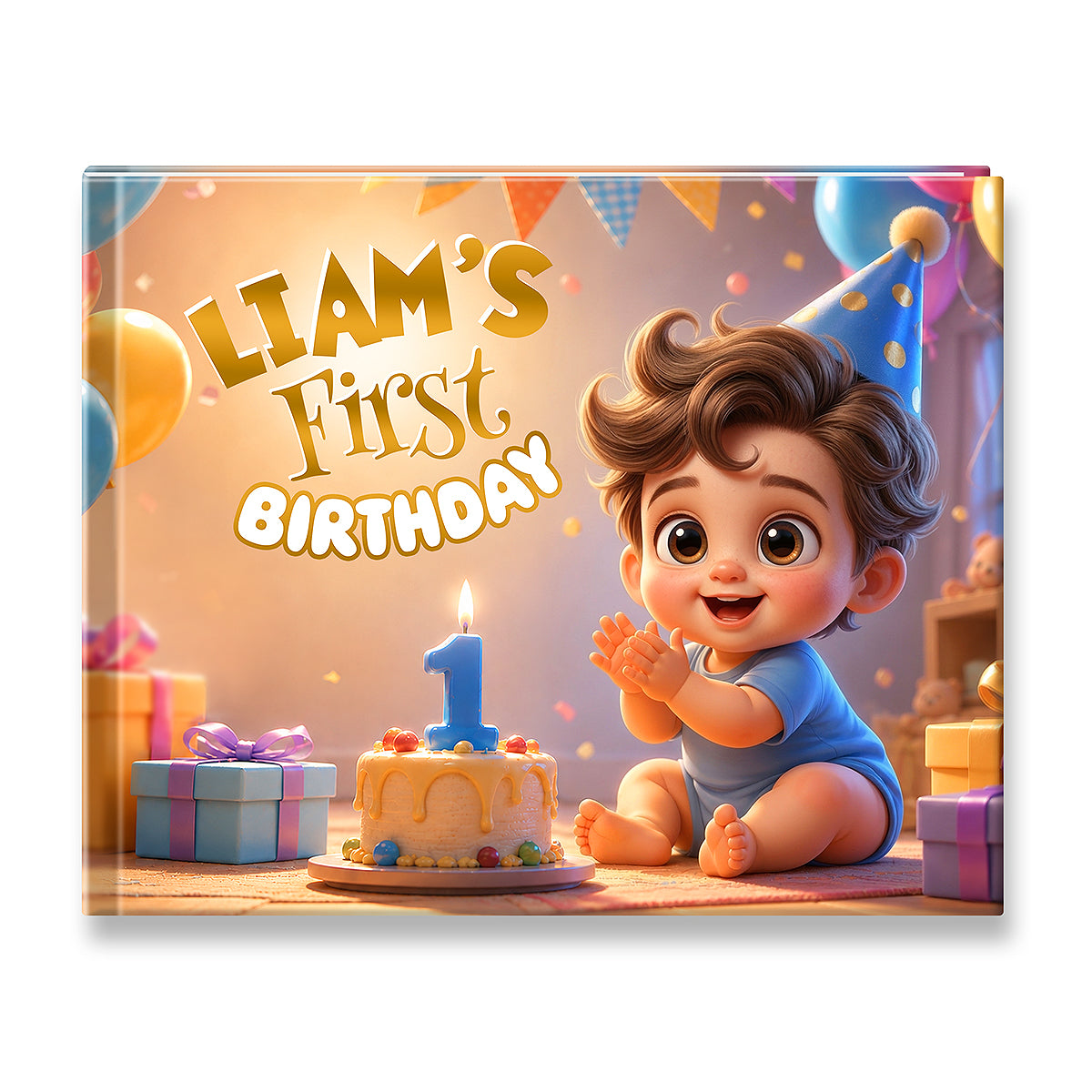 A square photo print or canvas featuring a baby boy sitting beside a birthday cake with a blue number 1 candle, balloons, confetti, and the text 'LIAM'S First BIRTHDAY.' The print is shown against a plain white background with a slight drop shadow.