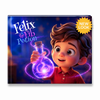 A book the title 'Felix the Fib Potion' in stylized white and purple text, with an illustrated young boy holding a glowing purple potion bottle. A yellow starburst in the top-right says 'NEW LOOK.