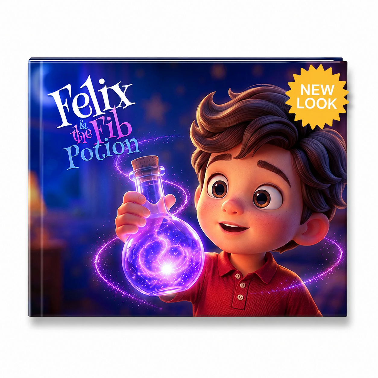 A book the title 'Felix the Fib Potion' in stylized white and purple text, with an illustrated young boy holding a glowing purple potion bottle. A yellow starburst in the top-right says 'NEW LOOK.