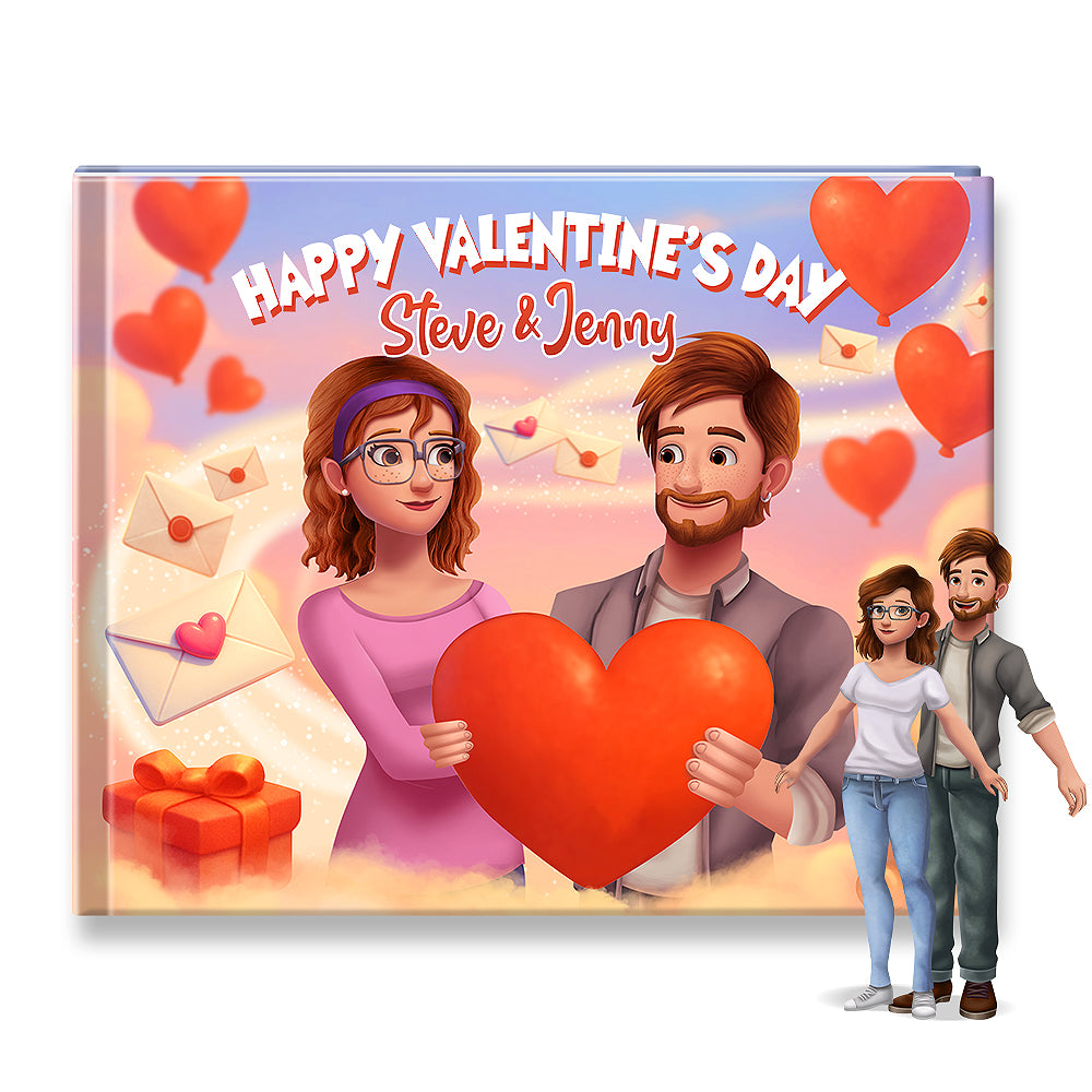 Valentine's Day card with cartoon characters holding a heart, surrounded by hearts and balloons.
