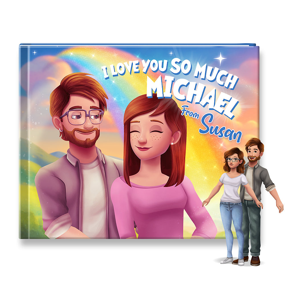Book cover with cartoon characters and text 'I love you so much Michael from Susan' on a colorful background
