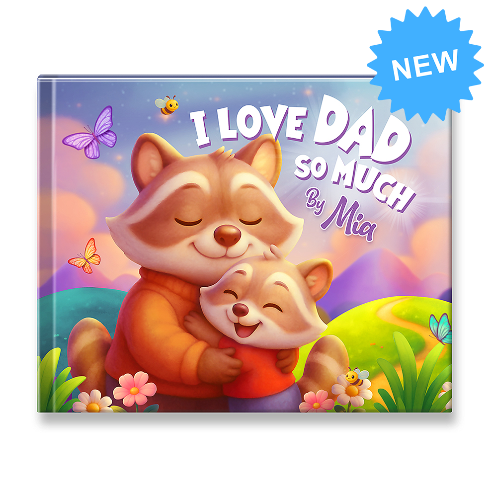 Children's book titled 'I Love Dad So Much by Mia' with cartoon raccoons on a colorful background.