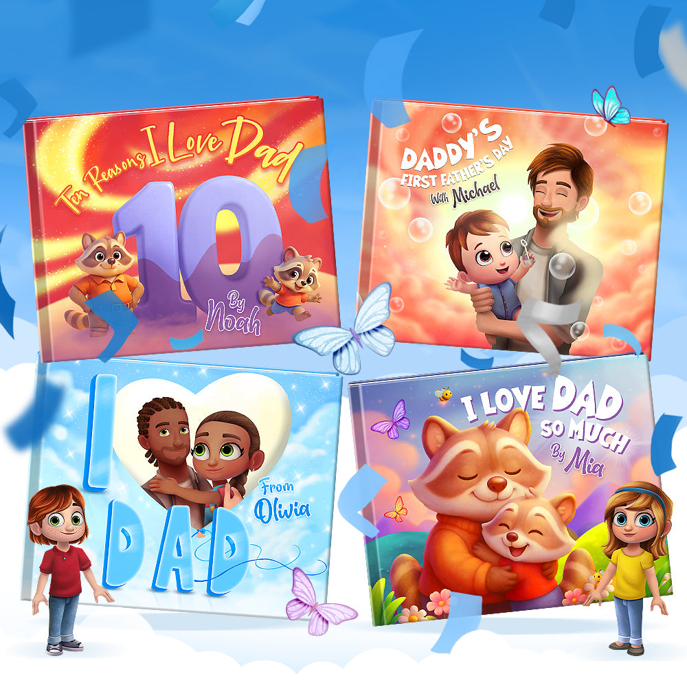 Four children's books with colorful covers featuring animals and text on a blue background.
