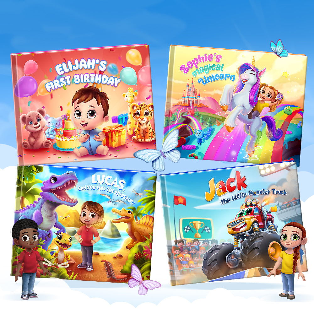 Four children's books with colourful covers featuring animals and text on a blue background.