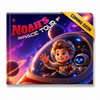 A square product mockup showing a children's book or printed cover titled 'Noah's Space Tour' with a yellow diagonal 'Coming Soon' banner. The cover art depicts a smiling boy in an astronaut suit inside a spacecraft, with planets and a starry purple space background.