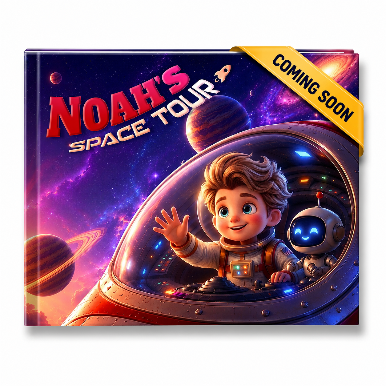 A square product mockup showing a children's book or printed cover titled 'Noah's Space Tour' with a yellow diagonal 'Coming Soon' banner. The cover art depicts a smiling boy in an astronaut suit inside a spacecraft, with planets and a starry purple space background.