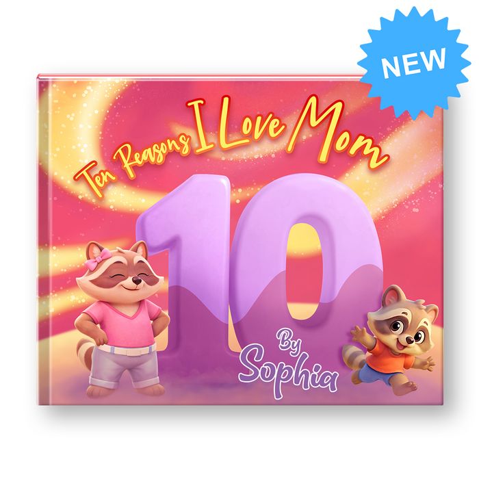 Children's book titled 'Ten Reasons I Love Mom' with cartoon raccoons on a pink and purple background.