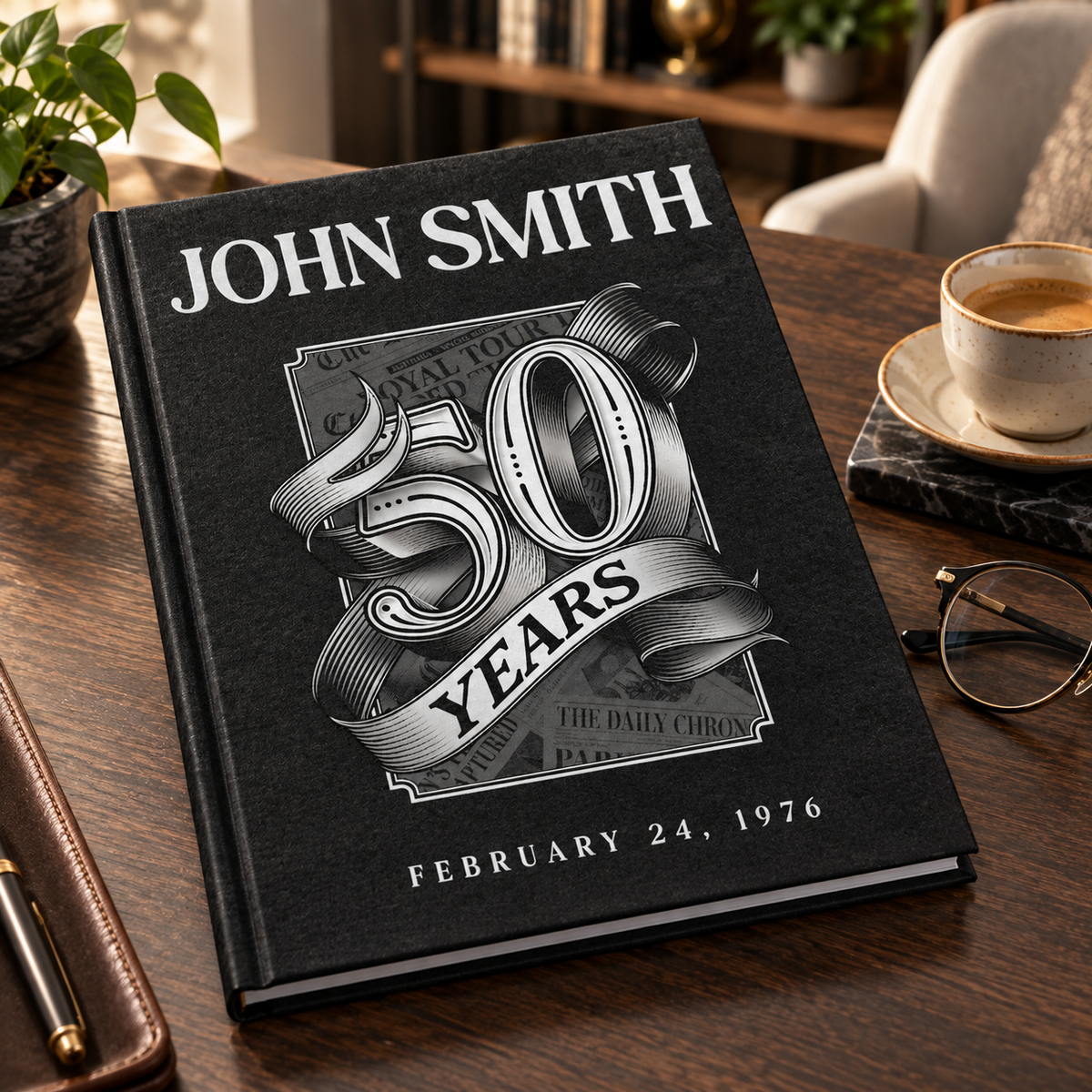 A black hardcover book or journal titled "JOHN SMITH" with a large ornate "50 YEARS" graphic and the date "FEBRUARY 24, 1976" on the cover, photographed on a wooden table with a coffee cup, glasses, and plants in a real interior setting.