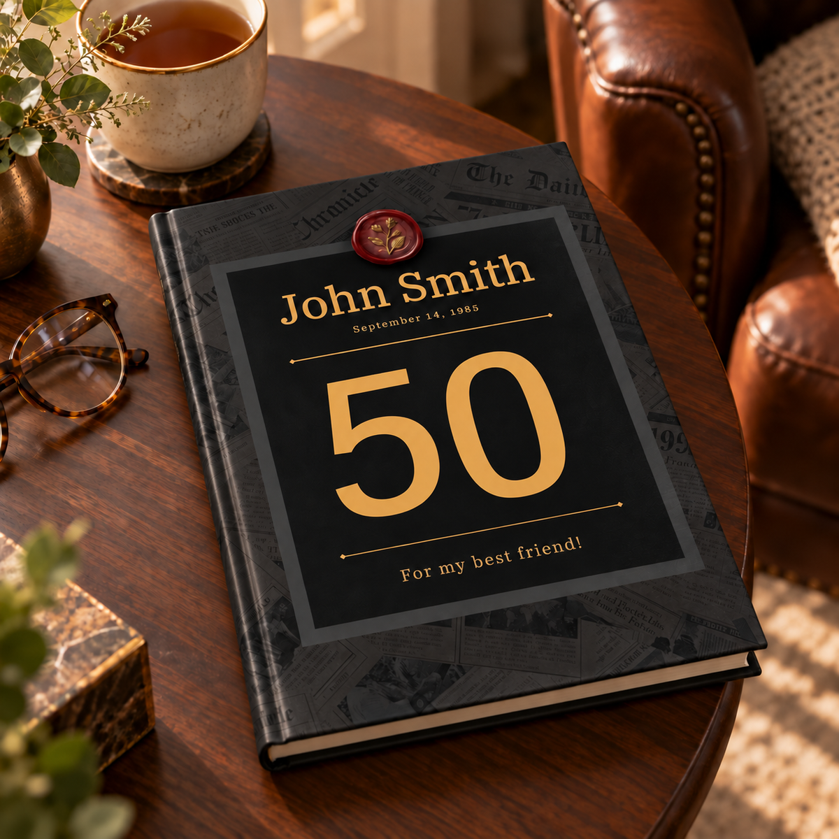 A personalized hardcover book for a 50th birthday, featuring a black cover with gold lettering and a red wax seal, styled on a wooden table in a cozy living room setting.