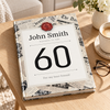 A hardcover book styled on a wooden table, featuring a newspaper-patterned cover, a red wax seal, and a white front cover printed with the text 'John Smith', 'September 14, 1985', and '60 For my best friend!'. A coffee cup, glasses, and flowers are visible in the background.