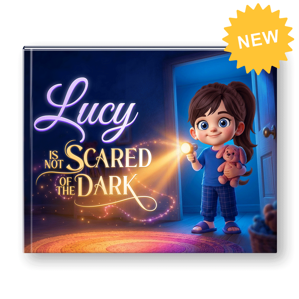 Storybook cover with a child in a dark room holding a flashlight. Text reads "Lucy is not scared of the dark"