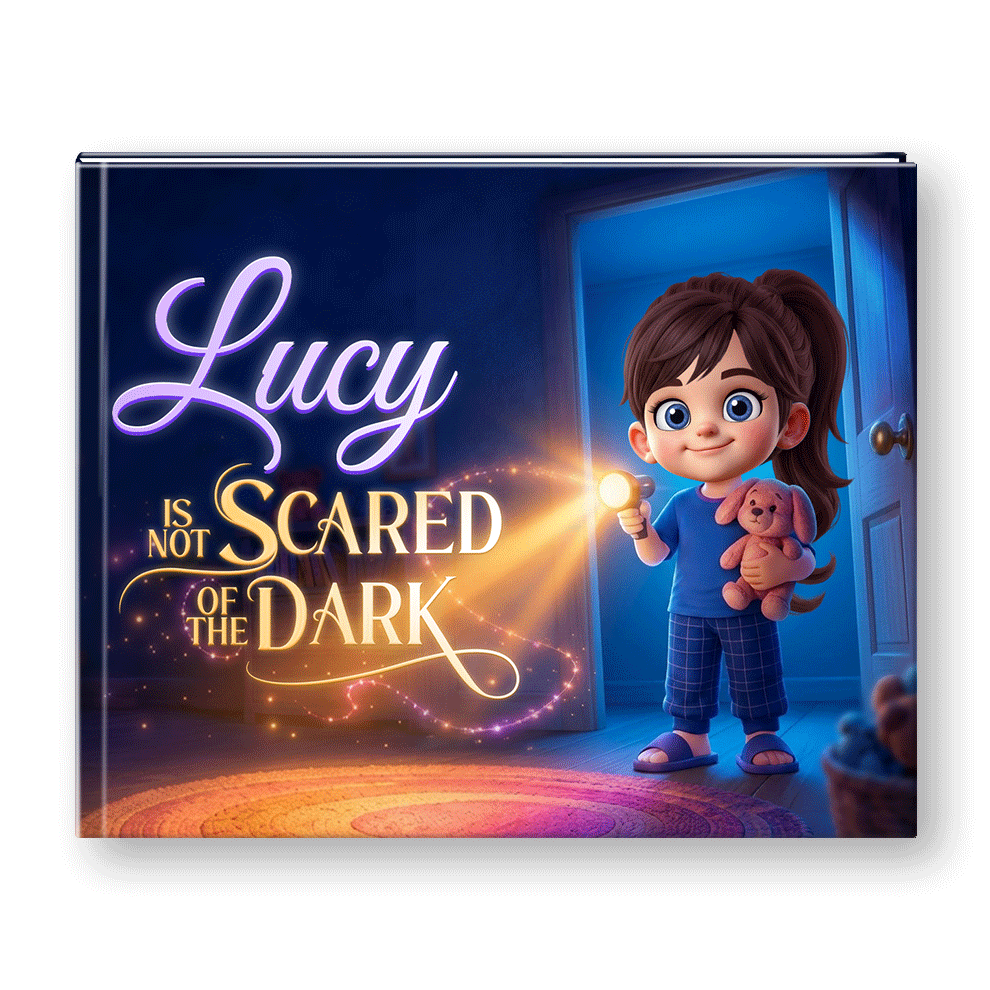 Storybook cover with a child in a dark room holding a flashlight. Text reads "Lucy is not scared of the dark"