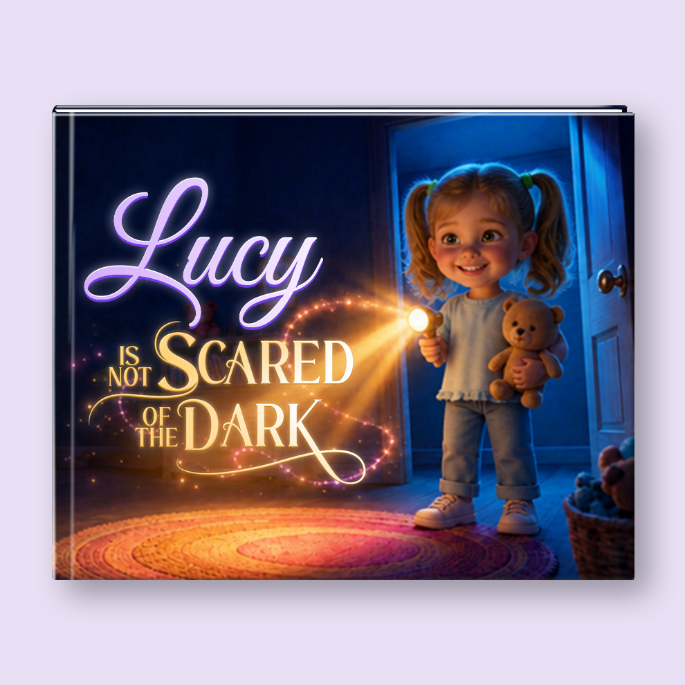 A square printed item, likely a book cover or poster, shown against a light lavender background. The cover features a young girl with pigtails holding a teddy bear and a flashlight in a dark room, with glowing text that reads 'Lucy IS NOT SCARED OF THE DARK' in purple and gold lettering.