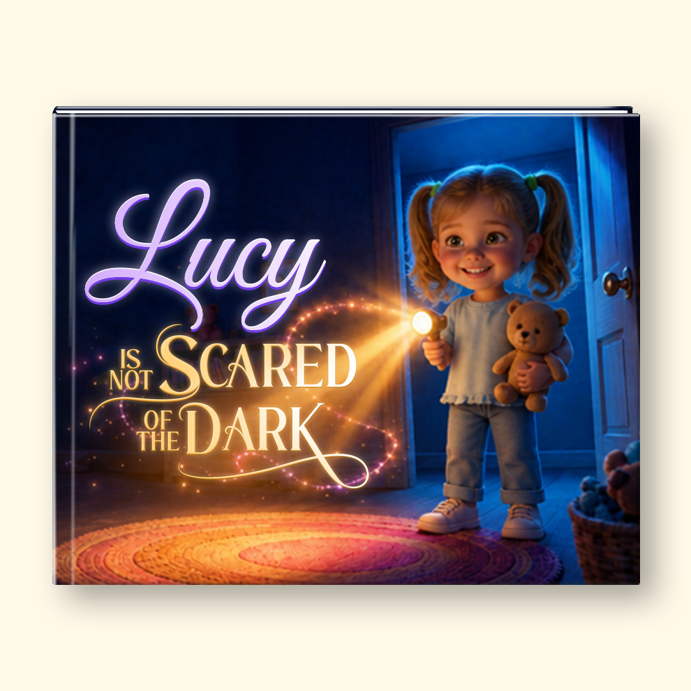 A square printed item, likely a book cover or poster, shown against a light lavender background. The cover features a young girl with pigtails holding a teddy bear and a flashlight in a dark room, with glowing text that reads 'Lucy IS NOT SCARED OF THE DARK' in purple and gold lettering.